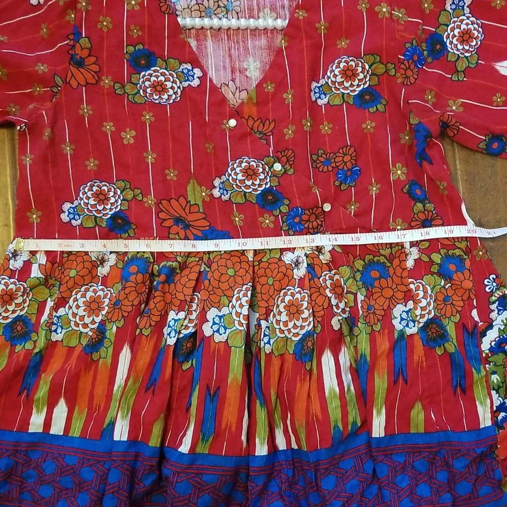 Khaadi Womens Red Blue Green Pleated Flowy Long Sleeve Top Size 14 - Picture 9 of 12